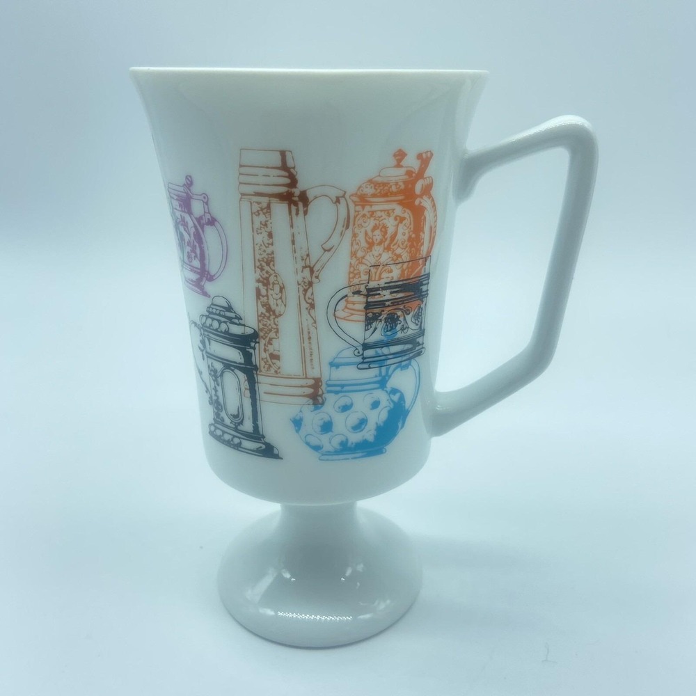 Vintage  Pedestal Footed Coffee Mug Retro Georgian Teapot Motif Colored Japan